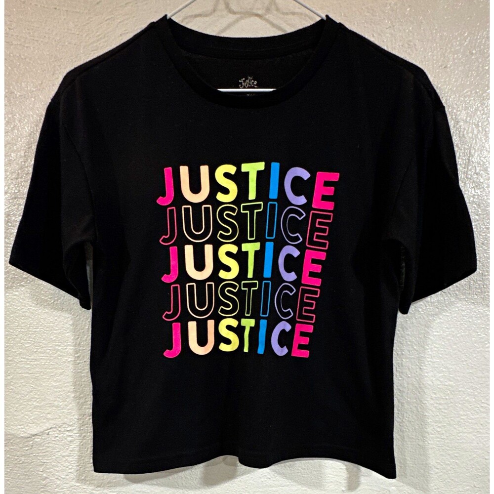 Justice Girls Cropped Graphic Logo T-Shirt Black Rainbow Size L Cotton Poly